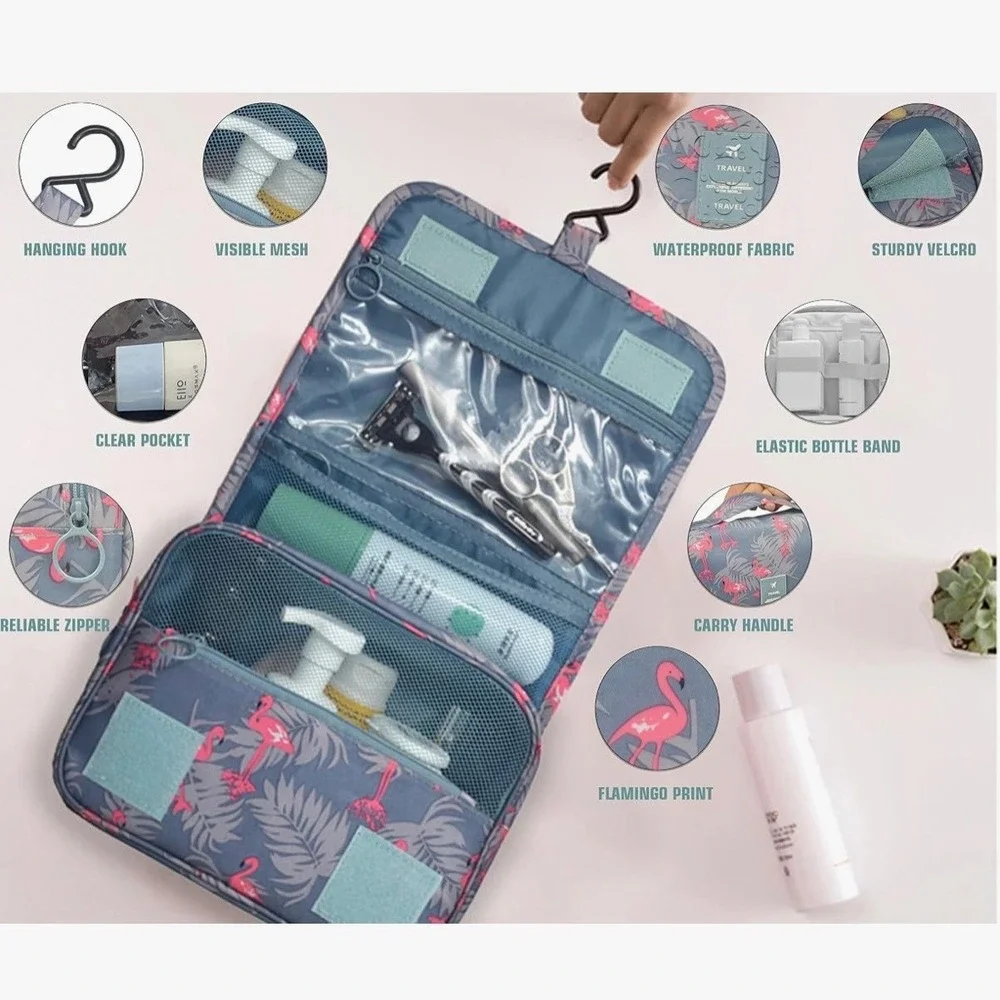 Narwey Hanging Toiletry Bag Flamingo Tropical Travel Organizer Blue-Grey Pink